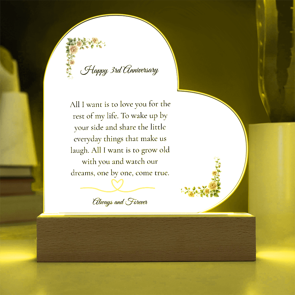 3rd Anniversary Gift for Wife - The "Growing Old Together" LED Heart Plaque
