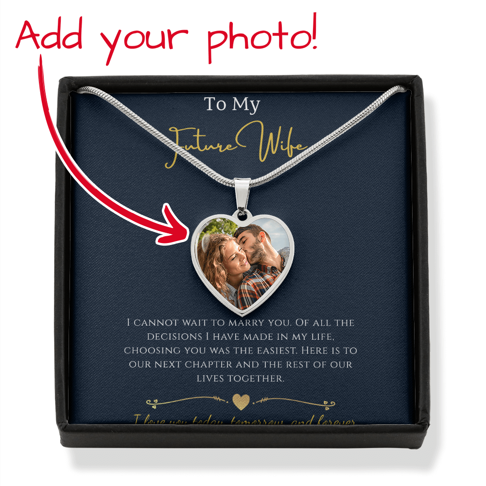 To My Future Wife custom photo upload heart necklace in a luxury gift box featuring a gold chain and a personalized romantic picture of a couple.