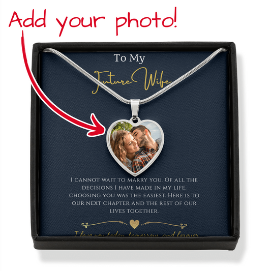 To My Future Wife custom photo upload heart necklace in a luxury gift box featuring a gold chain and a personalized romantic picture of a couple.