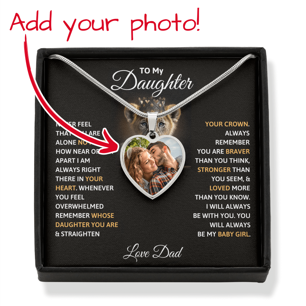 To My Daughter custom photo upload heart necklace in a luxury gift box featuring an emotional message card from Dad and a personalized picture.
