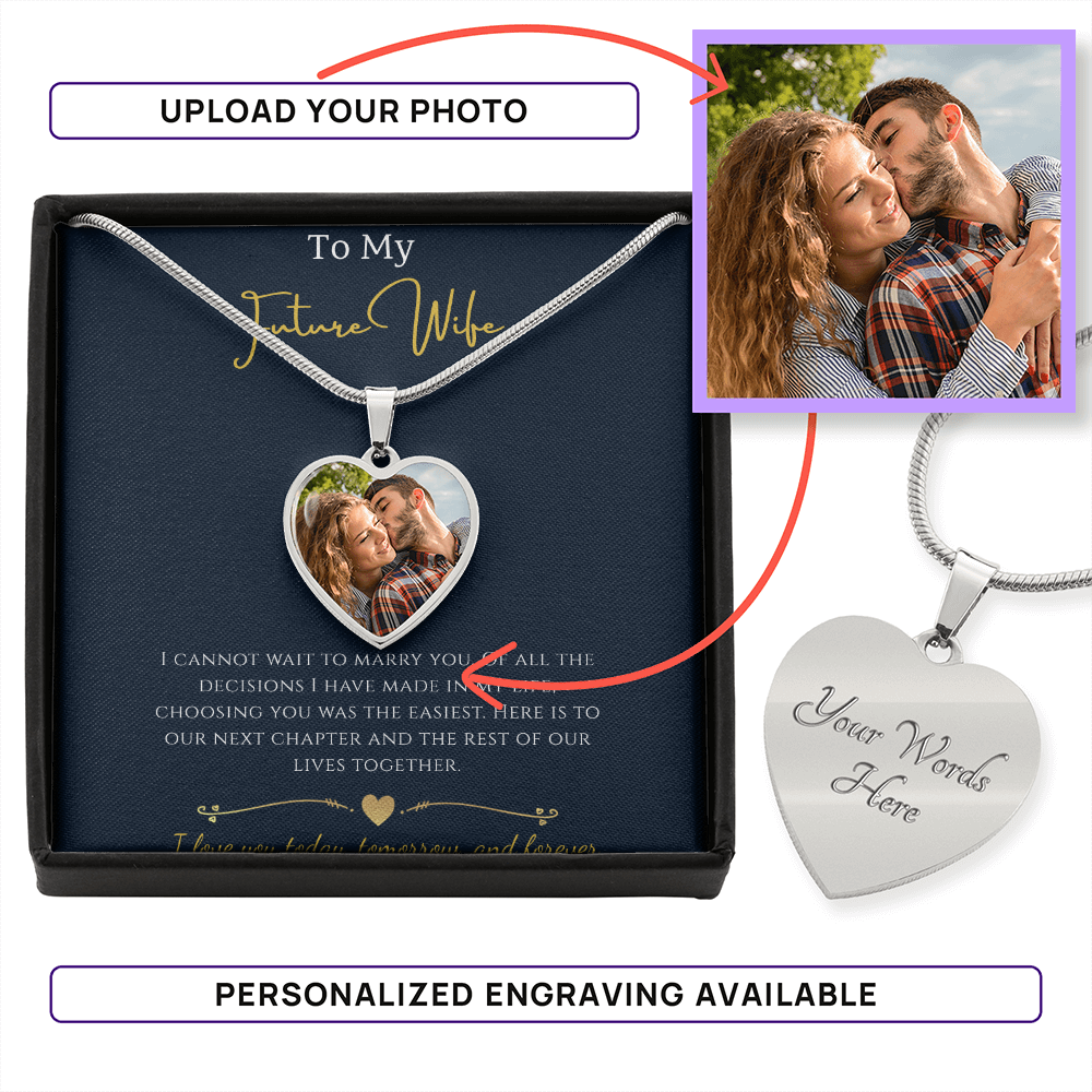 To My Future Wife custom photo upload heart necklace in a luxury gift box featuring a gold chain and a personalized romantic picture of a couple.