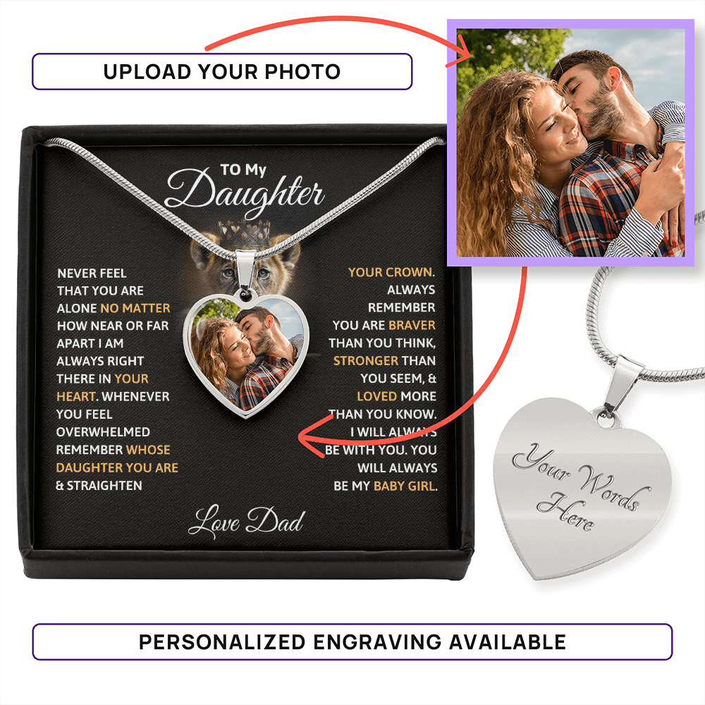 To My Daughter custom photo upload heart necklace in a luxury gift box featuring an emotional message card from Dad and a personalized picture.