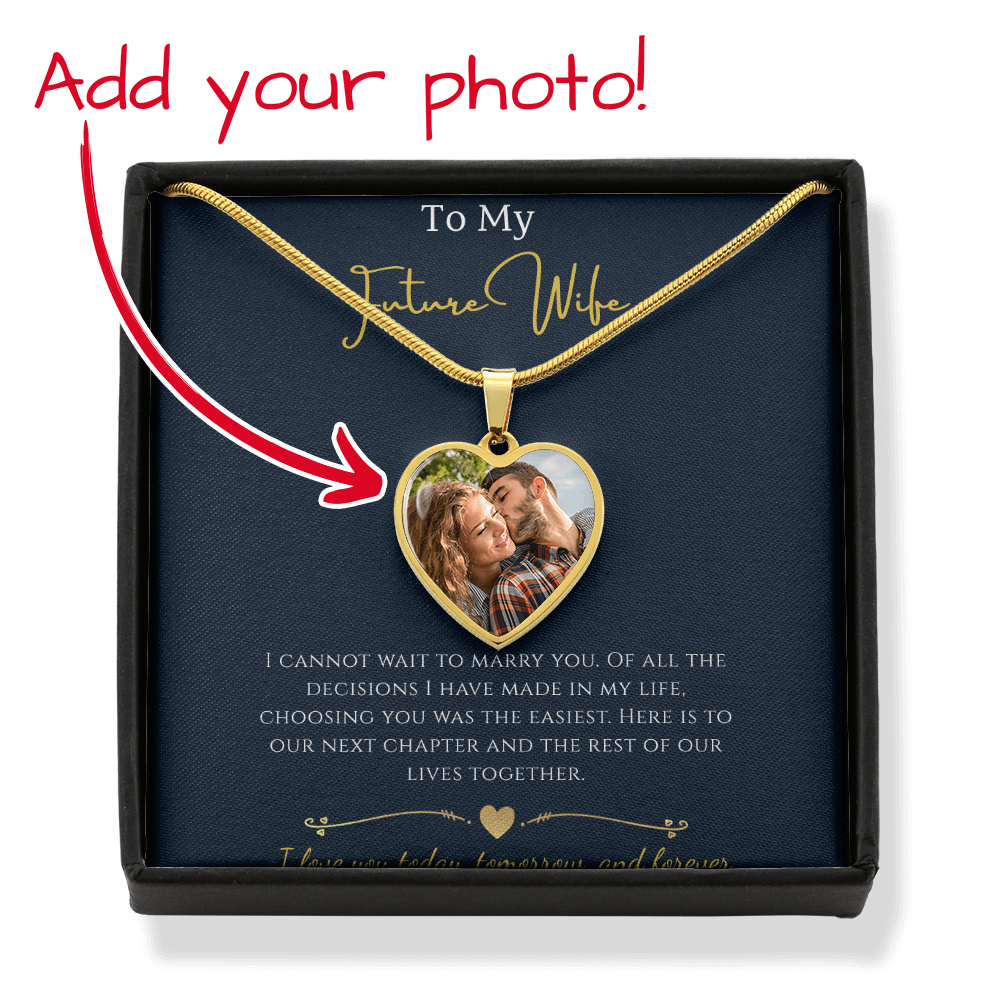 To My Future Wife custom photo upload heart necklace in a luxury gift box featuring a gold chain and a personalized romantic picture of a couple.