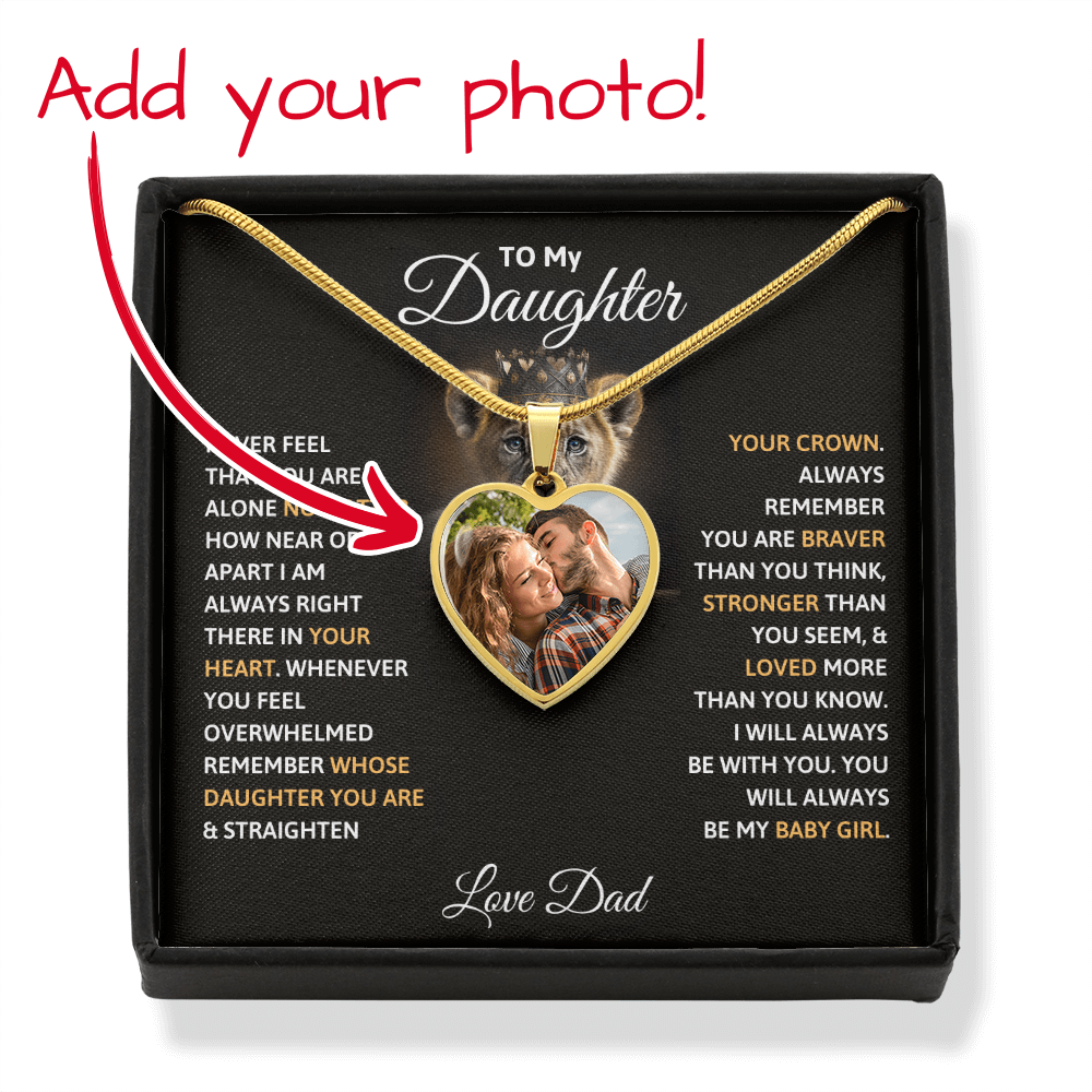To My Daughter custom photo upload heart necklace in a luxury gift box featuring an emotional message card from Dad and a personalized picture.