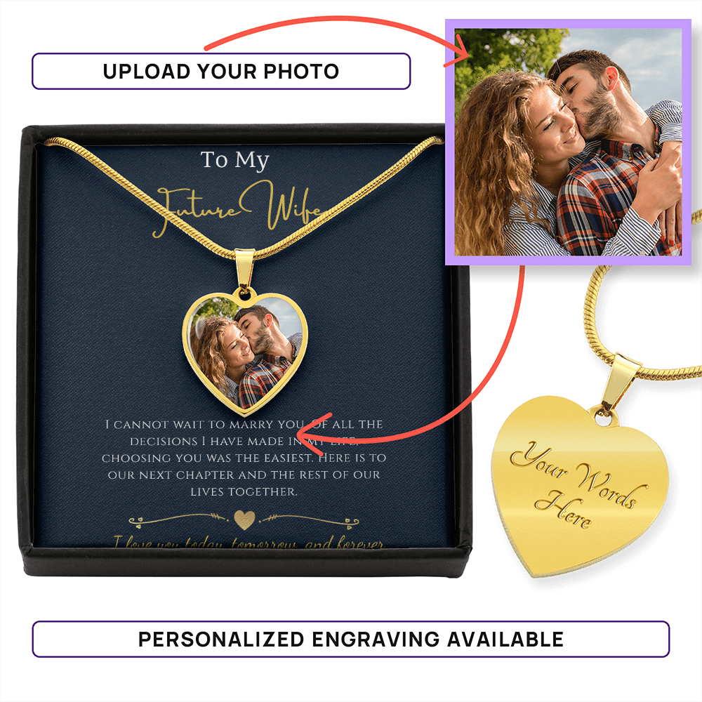 To My Future Wife custom photo upload heart necklace in a luxury gift box featuring a gold chain and a personalized romantic picture of a couple.
