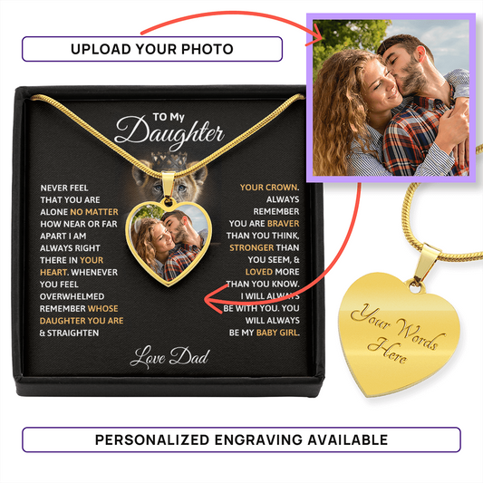 To My Daughter custom photo upload heart necklace in a luxury gift box featuring an emotional message card from Dad and a personalized picture.